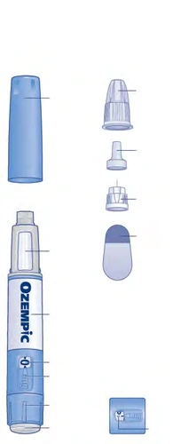 Exploded diagram of an Ozempic pen showing its separated components including the pen body, cap, and