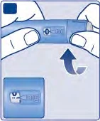 Two hands hold a blue injection pen with a numerical indicator set to 0, and a curved arrow indicates rotation of the device