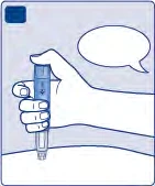 A hand holds a pen-shaped medical device vertically above a flat surface, with an empty speech bubble beside it