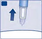 Illustration of a pen-shaped medical device with a blue arrow pointing toward the