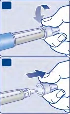 Two illustrations show a hand rotating and then removing a protective cap from a syringe-shaped medical device