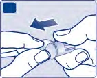 Two hands hold and rotate a cylindrical medical device, with a blue arrow indicating a counterclockwise rotational movement