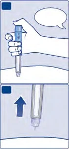Drawing of a hand holding an injection pen above the skin, with a blue arrow pointing toward the