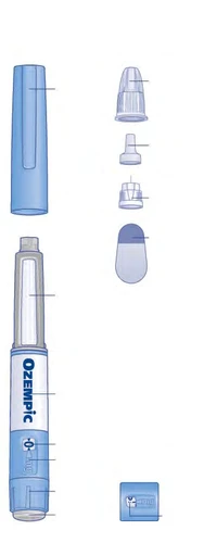 Exploded diagram of the components of an Ozempic pen, labeled with pen body, cap, needle, and application devices