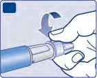 A hand rotates the top part of a pen-shaped medical device following the direction indicated by a curved arrow pointing downward