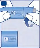 Two hands hold a blue medical device with a display showing 0, and a curved arrow indicates rotation of the device