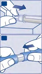 Two illustrations show hands applying or removing a protective cap from a cylindrical medical device with directional arrows