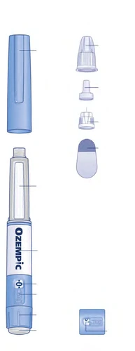 Exploded diagram of an Ozempic pen showing its separated components including the pen body, cap, and