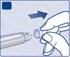 A hand moves an injection pen to the right to attach a cap or device, indicated by a blue directional arrow