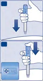Two illustrations show a hand holding an injection pen and pushing it downward, with a blue arrow indicating the movement