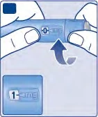 Two hands hold a blue injection pen with a curved arrow indicating rotation of the device toward 0 and a dosage of 1 mg