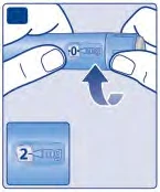 Two hands hold a blue medical device with an indicator showing zero and a curved arrow pointing toward the