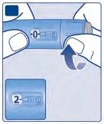 Two hands grip a blue medical device with an arrow indicating rotational movement to set the dosage on the display