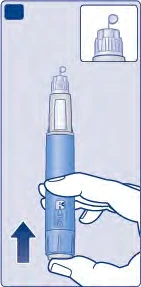 A hand holds a blue and white injection pen with an arrow pointing toward the
