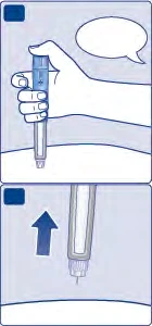 Medical illustration showing a hand holding an injection pen above the skin, with a blue arrow pointing toward the