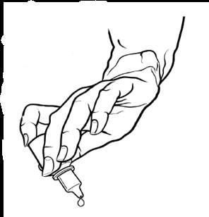 Black and white drawing of a hand holding an inverted bottle to dispense a drop of liquid from a dropper
