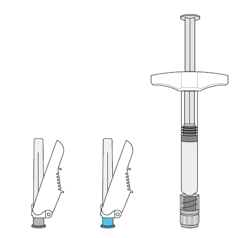 Technical drawing of a medical device composed of two vertical components with protective caps and a larger piston injector