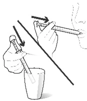Drawing showing a hand immersing a syringe into a glass