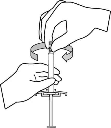 Dibujo en blanco y negro que muestra dos manos girando la parte superior de una jeringa con una flecha circular que indica el movimiento