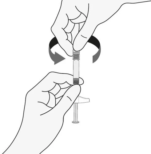 Two hands holding a syringe with curved arrows indicating a rotational movement to unscrew or screw the upper component