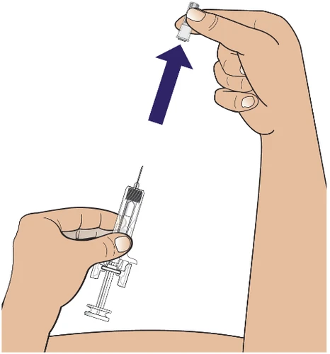 A hand holding a syringe with needle, and an upper hand lifting a small glass vial above it with a blue arrow pointing downward