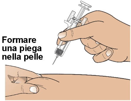 A hand lifting a skin fold on an arm while another prepares for injection