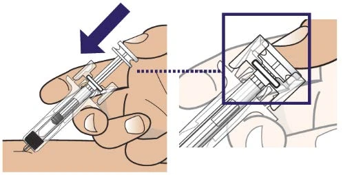 Medical illustration showing two hands holding a syringe to inject medication into the skin, with a close-up of the upper mechanism