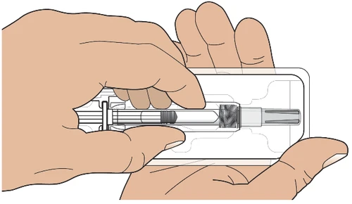 Two hands holding and operating a transparent auto-injector pen with an internal plunger for drug administration