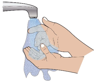 Two hands being washed under a stream of water
