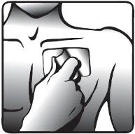 A hand applies a rectangular patch to the chest of a man over the breast area in a schematic black-and-white drawing