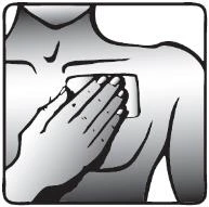 A hand applies a rectangular patch to the upper chest of a stylized person in a black-and-white drawing