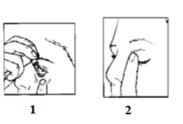 Disegno medico in due fasi che mostra una mano che applica gocce in un occhio e un dito che preme delicatamente la palpebra chiusa