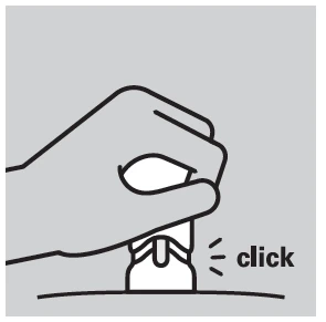 Disegno in bianco e nero di una mano che preme un dispositivo medico con la scritta click accanto per indicare l'attivazione del meccanismo
