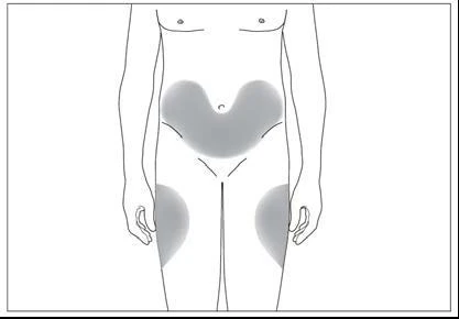 Disegno schematico di un torso umano con aree grigie che indicano zone di applicazione sull'addome e sulla parte superiore delle cosce