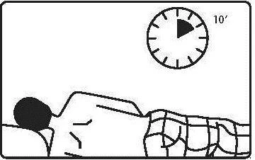 Disegno schematico di una persona distesa su un fianco con un orologio che indica un tempo di attesa di 10 minuti