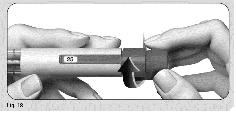 Two hands hold an injection pen while a curved black arrow indicates rotating the cap to set the dosage on the display showing number 25