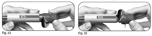 Two illustrations show hands rotating the end part of a cylindrical medical device to set dosages of 150 and 125