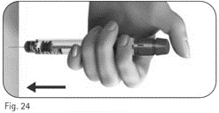 A hand holds an injection pen horizontally with a black arrow indicating the insertion movement toward a white surface