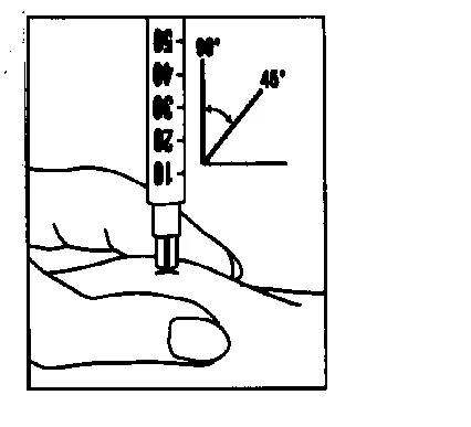 Diagram showing a syringe inserted into the skin at a 45-degree angle relative to the body surface, indicated by a graduated scale