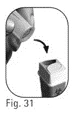 Technical drawing showing a curved arrow indicating the movement of a medical device toward a waste disposal container