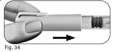 A hand holds an injection pen and a black arrow indicates a sliding movement to the right for the