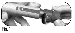 Two hands hold a cylindrical medical device with a black arrow indicating rotation of the end part toward the