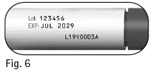 White vial with black text indicating batch number 123456, expiration date JUL 2029, and identification code L19Y0003A
