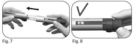 Two illustrations show hands inserting a needle into an injection pen, with a black arrow and a checkmark indicating the correct procedure