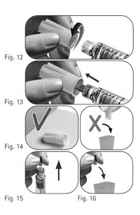 Sequence of medical illustrations showing how to remove the syringe cap and properly dispose of it in a waste container