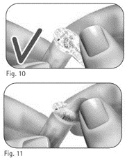 Two panels show hands applying a patch to a finger, with a confirmation checkmark in the upper figure and a detailed view in the lower one