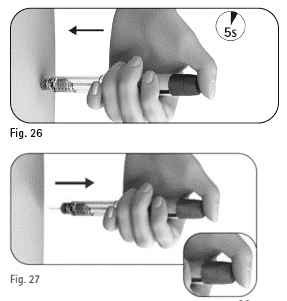 A hand holds an injection pen against the skin with an arrow indicating movement and a timer showing 5 seconds