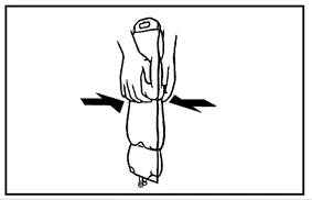 Black and white drawing of two hands squeezing and compressing a cylindrical bottle with black arrows indicating lateral pressure