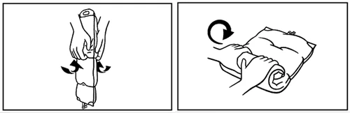 Technical drawing showing two stages: rotating a bottle with hands and then gently massaging the area with a cloth or gauze