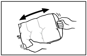 Two hands vigorously shaking a medicine bottle with back-and-forth movements to mix the contents
